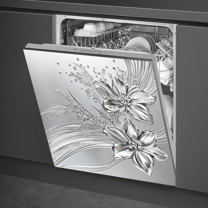 Flowers Dishwasher Magnet Cover 23x26 Inch Silver Floral Refrigerator Sticker Washer Kitchen Decor Floral Magnets Kitchen Decorative Sticker Refrigerator Magnets Decor Appliance Panel