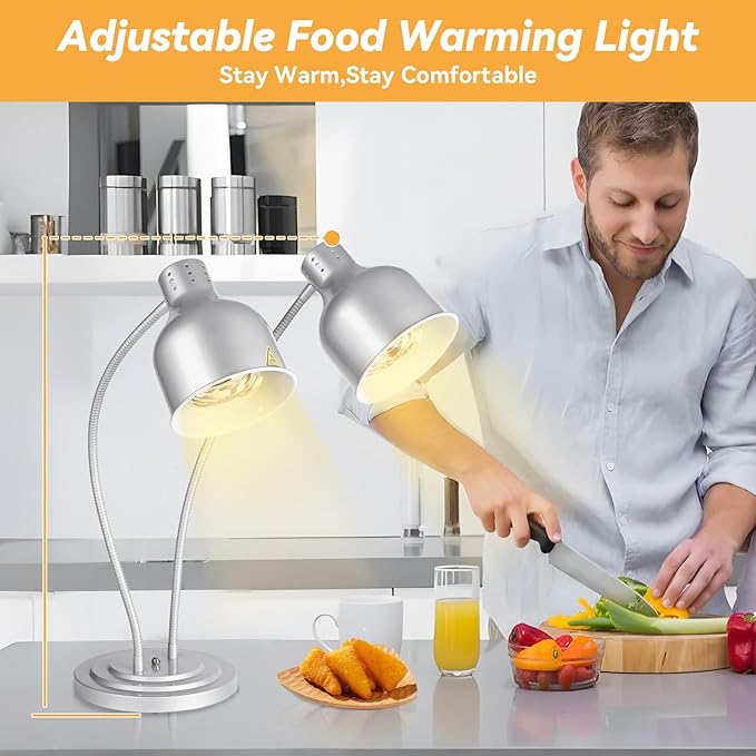 Food Heat Lamp,500W Commercial Food Warmer Lamp,Adjustable Food Warming Light with 3 Bulbs,2 Head Catering Heating Lamp for Kitchen Cafeteria Restaurant Buffet Parties