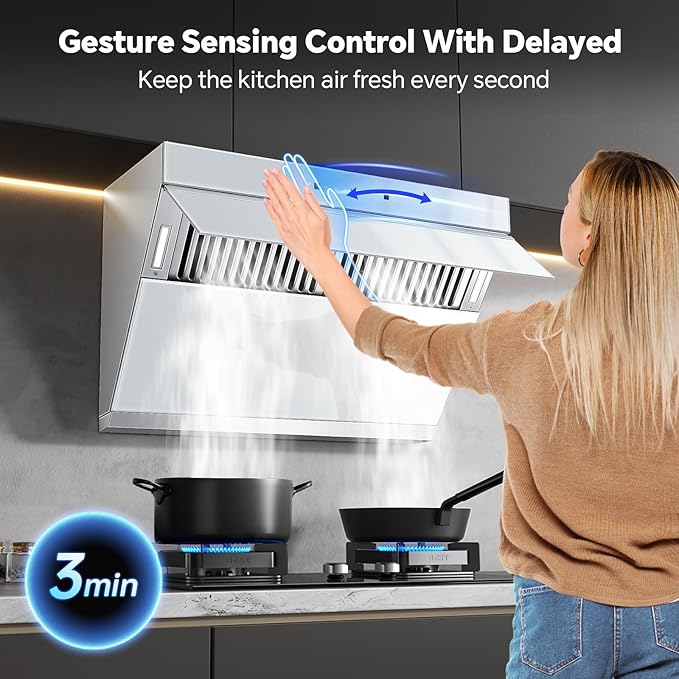 Under Cabinet Range Hood 30 Inch, 900 CFM Wall Mount Vent Hood with Auto-cleaning Function,Gesture & Touch Control, Silver Grey Tempered Glass Surface Kitchen Hood 3 Speed Exhaust Fan
