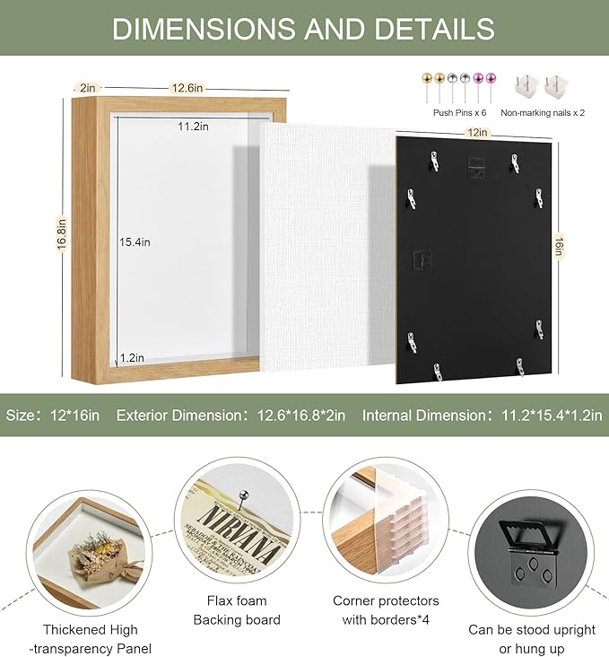 12x16 Shadow Box Display Case Picture Frame with Soft Linen Back, Large Wood Color Shadow Box 12x16 for Flowers Medal Display Case Jersey pet Graduation Memorabilia Baby Ltems Crafts Photos