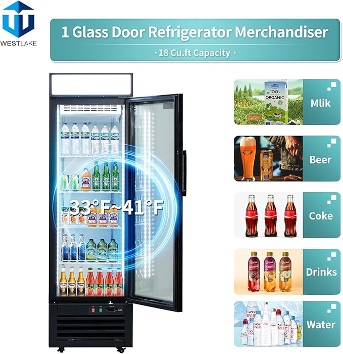 WESTLAKE 24" W Merchandiser Commercial Display Refrigerator Single Glass Door Reach-in Glass Door Upright Fan Cooling 18 Cu.ft Cooler for Restaurant, Bar, Shop, etc