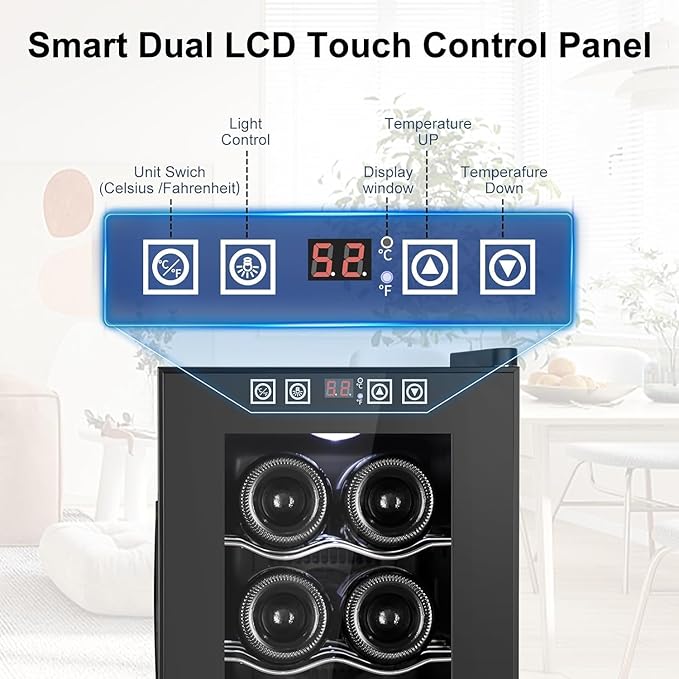 8 Bottles Wine Cooler Refrigerator, Small Wine Fridge, Mini Wine Fridge Countertop with Glass Door Wine Cellars for Red Wine, Champagne, Dry White Wine, Sparkling Wines