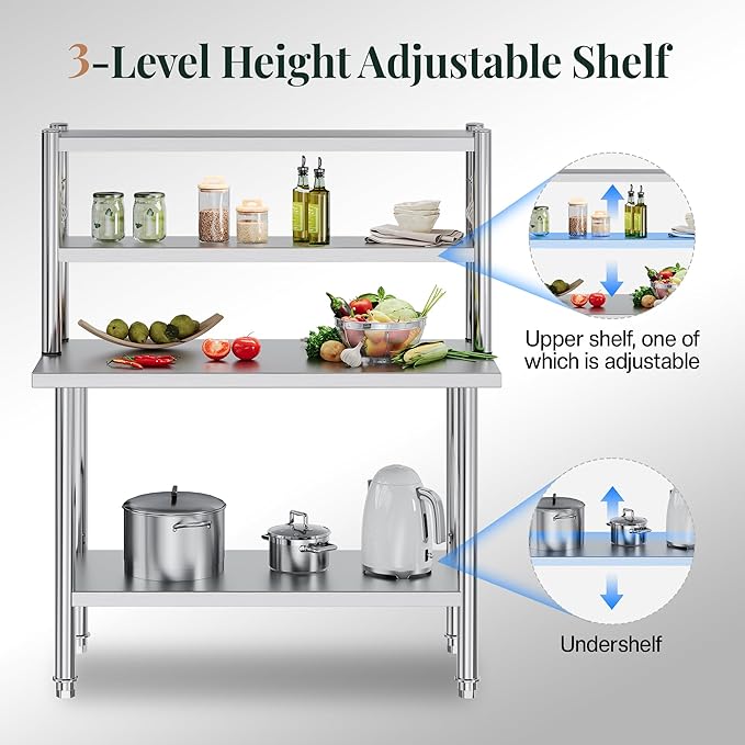 48"x24" NSF Stainless Steel Work Table with Overshelves, Adjustable Shelf & Hooks, NSF-Certified Heavy-Duty Prep Station for Commercial Kitchen, Restaurant, or Garage