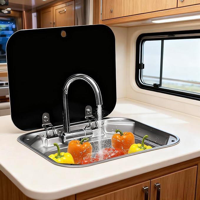 Folding RV Sink & Faucet Combo W/Lid, Bar Kitchen Sink 15 x 17 In Undermount Drop-in Sinks 304 Stainless Steel Single Bowl Workstation Sink Caravan Camper Van Boat Trailer Sink Hand Wash Basin