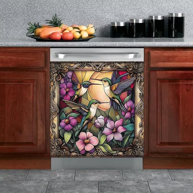 Stained Glass Hummingbird Dishwasher Cover, Flower Dishwasher Magnet Covers Decorative for The Front, Magnetic Refrigerator Cover Fridge Decal, Dish Washer Magnet Appliance Sticker, 23"X17"