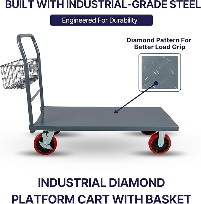 Flatbed Platform Cart 3300LB Industrial Dolly Cart Heavy Duty 48” x 24” Platform Hand Truck Push Cart Super Heavy Duty Diamond Plate Flatbed Cart 8'' Swivel Wheels Moving Cart w/Basket
