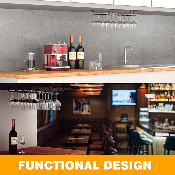 14-Inch Wine Glass Holder - Under Cabinet Metal Stemware Rack for Kitchen Bar - Single Rail Hanging Storage Hanger, Set of 2