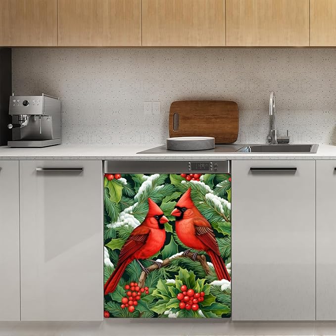 Christmas Cardinals Dishwasher Magnet Cover, 23" W x 26" H Fridge Magnetic Stickers Reuseable Magnet Panel Decal Cover for Washing Machine Fridge Microwave Cabinet Kitchen Christmas Decoration