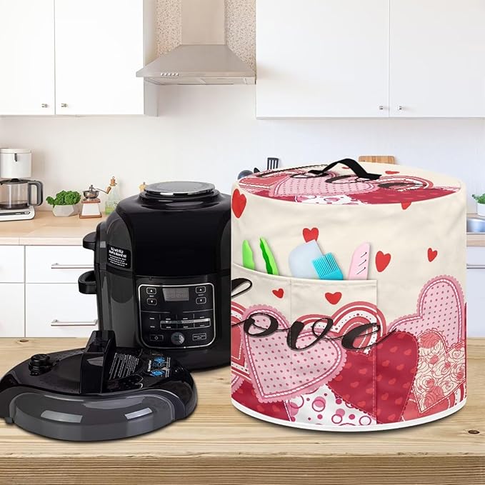 TODIYADDU Love Print Pressure Cooker Cover with Handle and Storage Pocket for Extra Accessories Portable Kitchen Small Appliance Dust Cover Protective Case