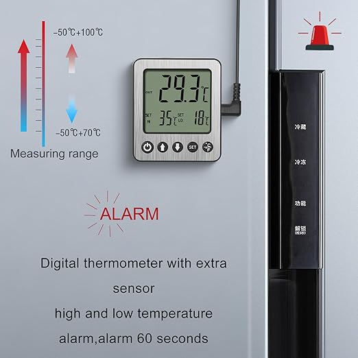 Refrigerator Thermometer Freezer Alarm Digital Freezer Thermometer Fridge Thermometer with Extra Sensor high and Low Temperature Alarm (1, Black, ZZ10)