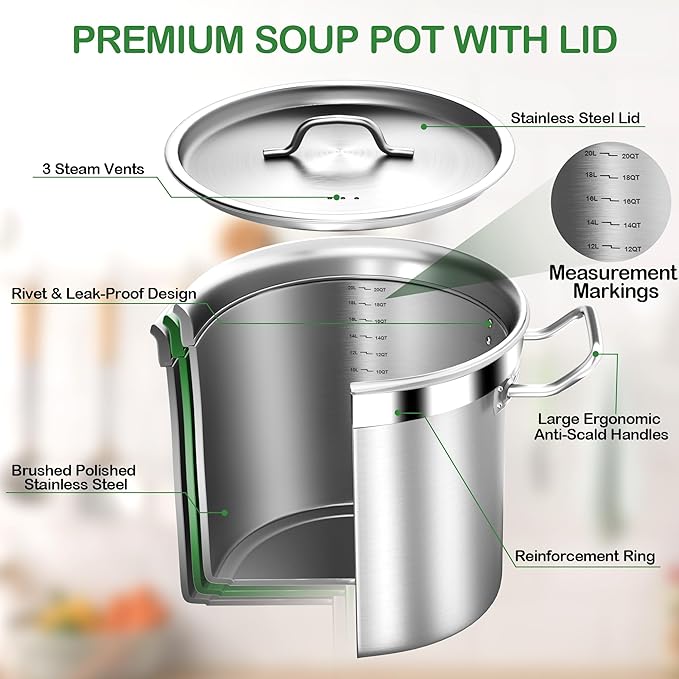 Stock Pot 20 Quart with Lid – Stainless Steel Cooking Pot for Soup, Stew, and Pasta – Heavy Duty Induction Compatible Stockpot for Kitchen or Commercial Use, Oven Safe