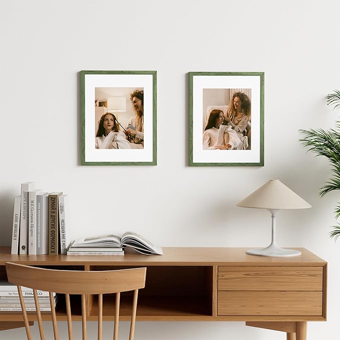 Vittanly 11x14 Picture Frame Set of 2, Solid Wood Frame for Wall Art Photo and Prints, Display Photo 8x10 with Mat or 11x14 without Mat, Rustic Green