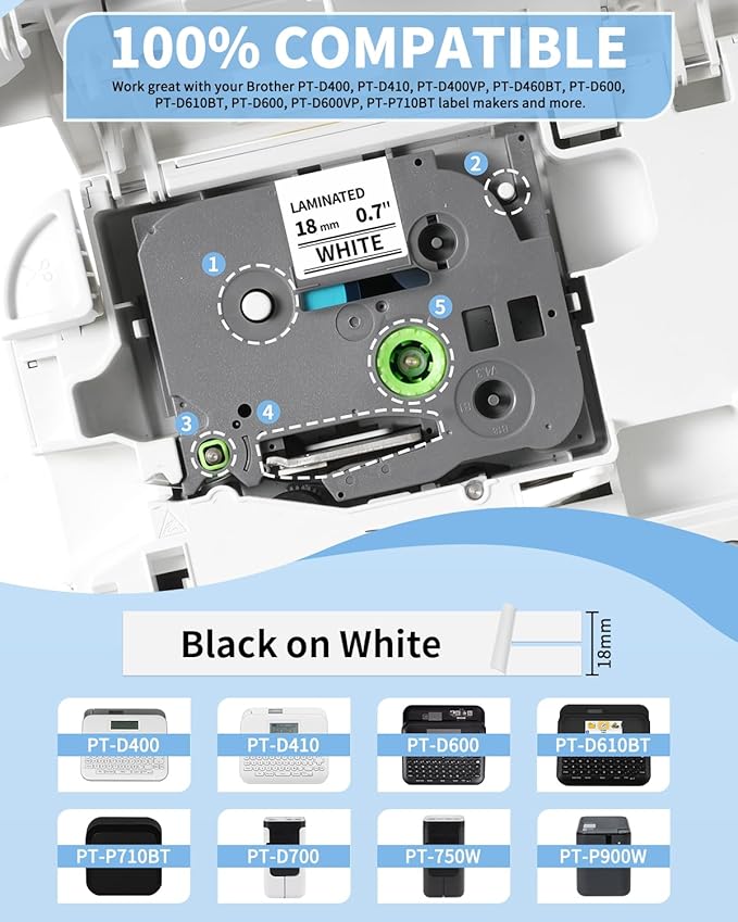 TZe-241 TZe241 Replacement for Brother P Touch Label Tape TZe TZ Tape 18mm 0.7 Inch Laminated White Label Maker Tape, Compatible with Brother PT-D400 PT-D410 PT-D600 PT-D610BT, 3/4 Inch, 4-Pack