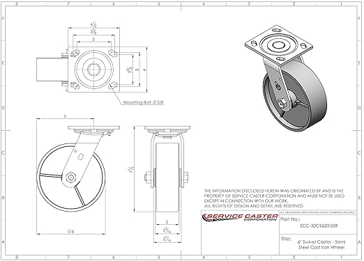 Service Caster Brand Replacement Set for Uline Casters H-2112 - Top Plate Caster with 6 Inch Semi Steel Cast Iron Wheels - Includes 2 Swivel and 2 Rigid - Fits Steel Dumping Hoppers