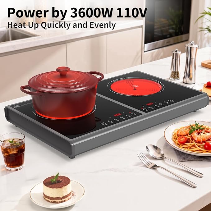 Electric Cooktop,110V 3600W Stove top, 20 inch Countertop with 9 Power Levels,LED touch control,Overheat Protection,Child Safety Lock & Timer,touch control 2 burner Electric cooktop