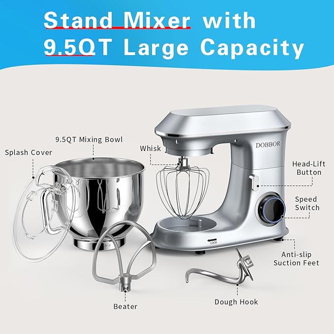 Electric Stand mixer, 9.5QT 660W 6 Speeds Tilt-Head Dough Mixers, Bread Mixer with Dough Hook, Whisk, Beater, Splash Guard for Baking Bread, Cake, Cookie, Pizza, Muffin, Salad and More (Silvery)