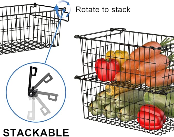 SANNO Freezer Basket Stackable Wire Baskets For Pantry Storage and Organization Pantry Storage Bins With Handles Sturdy Metal Food Baskets Pantry Organized,set of 8,Black