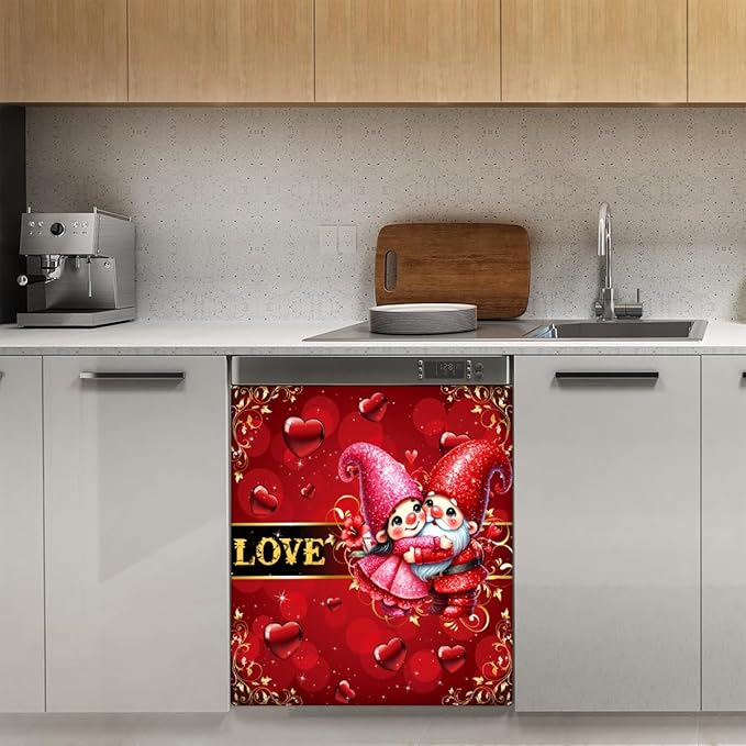 Gnomes Valentine Couple Dishwasher Magnet Cover Front Dishwasher Cover Decor Reusable Magnetic Door Cover Panel Decal Home Appliances Stickers Kitchen Refrigerator Fridge 23"x26"