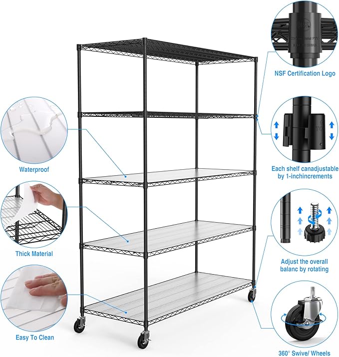 5 Tier 7500lbs Capacity NSF Metal Shelf Wire Shelving Unit, Heavy Duty Adjustable Storage Rack with Wheels & Shelf Liners for Commercial Grade Utility Steel Storage Rack, Black - 82"H x 60"L x 24"D