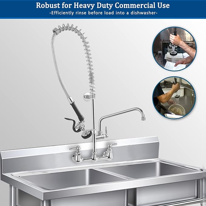 Commercial Sink Faucet with Sprayer, 8 Inch Center Wall Mount Kitchen Faucet with 12” Swing Spout 36” Height Compartment Sink for Restaurant Industrial, Chrome Polished