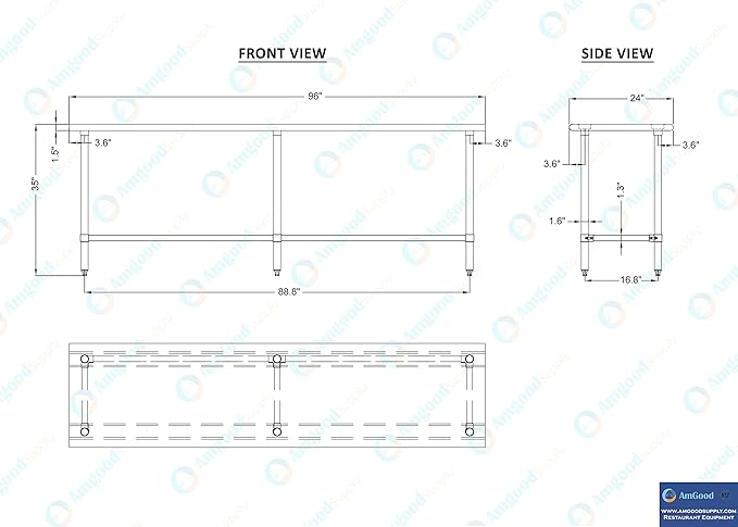 AmGood Stainless Steel Work Table Open Base | NSF Kitchen Island Food Prep | Laundry Garage Utility Bench (96" Long X 24" Deep)