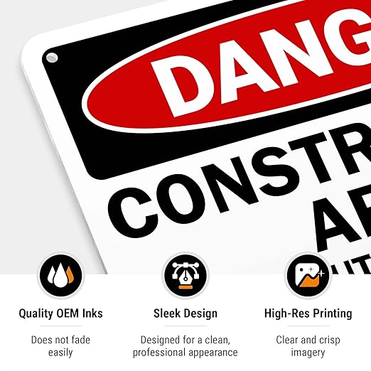 Danger Construction Area Sign, Authorized Personnel Only Sign, 10x7 Inches, 55 mil Thick HDPE (high Density polyethylene), Made in USA