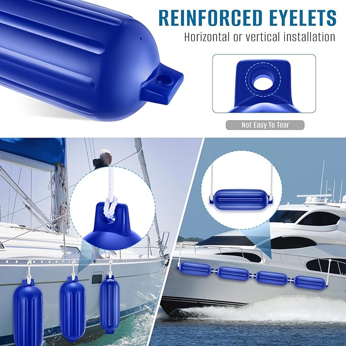 8.5 x 27 Inches Twin Eyes Ribbed Boat Fenders 4 Pack Boat Fenders Bumpers with Lines and Pump to Inflate for Docking