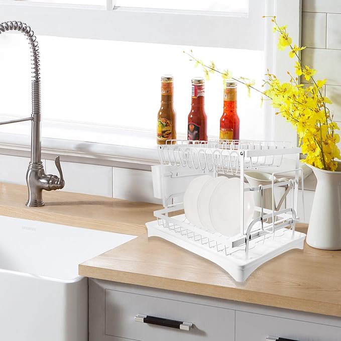 Bowl Draining Rack and Kitchen Dish Draining Stand, White Multifunctional Countertop Drying Rack with Cutting Board Holder and Utensil Cup, Dishwasher Safe for Home Kitchen