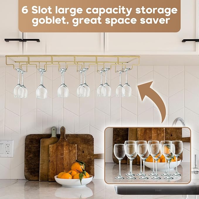 Xverycan Wine Glass Rack Under Cabinet, 6 Row Extreme Large Stemware Hanger, Metal Wine Goblet Holder, DIY Bar Glass Storage Rack for Bar Counter, Kitchen, Screws Included (Gold)