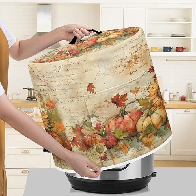 Thanksgiving Day Decor Waterproof Dust Protecitve Pressure Cooker Cover for 6 Quart, Kitchen Appliance Air Fryer Rice Cooker Cover Fall Maple Leaf Pumpkin Print