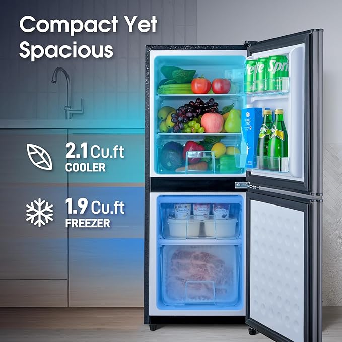 4.0 Cu.Ft Fridge with Bottom Freezer and Drawer, 2 Door Refrigerator with 7 Adjustable Temperature Settings for Bedroom, Dorm, Office, Apartment, Large Capacity, Black