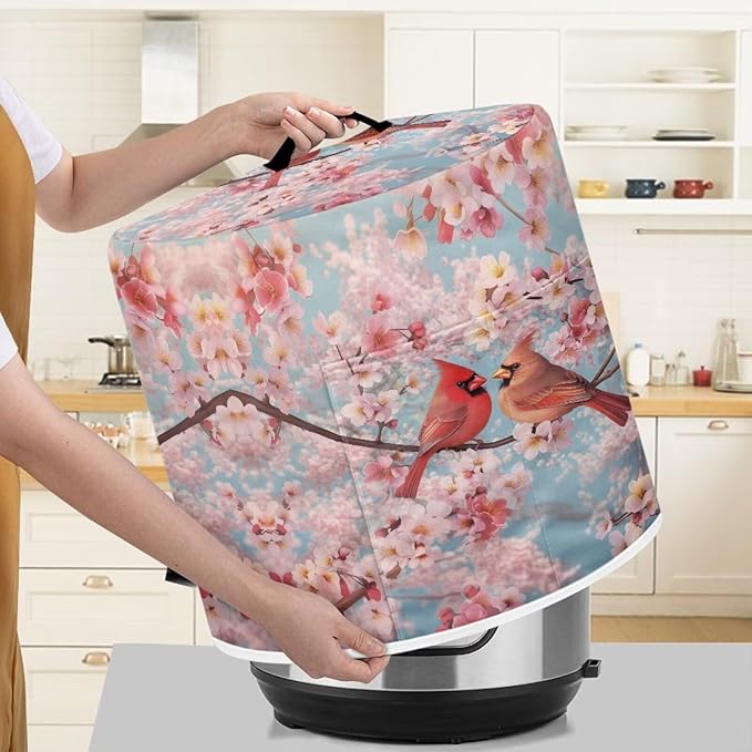 Xoenoiee Cardinal Bird Cherry Blossom Print Kitchen Appliance Dust Cover with Pockets, Electric Pressure Cooker Cover for qt Compatible with Crock Pot, Rice Cooker Cover, for 6 Qt Pot