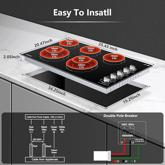 AMZCHEF 8900W Electric Cooktop 36 Inch, Built-in Electric Cooktop 5 Burner Stove Top, 36" Radiant Stovetop with Knob Control, 220-240V for Hard Wire