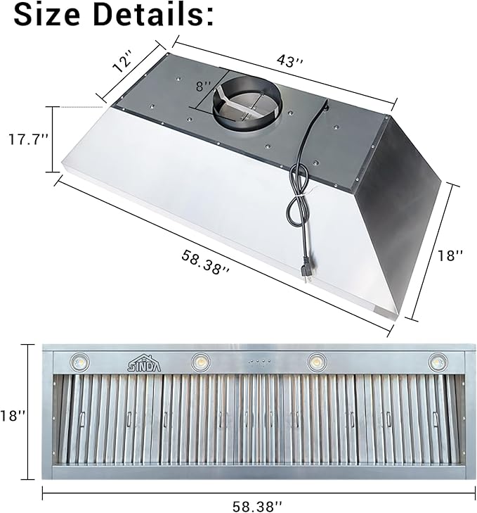 SINDA 60 Inch Built-In/Insert Range Hood, 4-Speed 1260 CFM, Stainless Steel Under Cabinet Range Hood Kitchen Vent Hood with Liner and Internal Motor, 8" Duct, Adjustable Lights, Baffle Filter