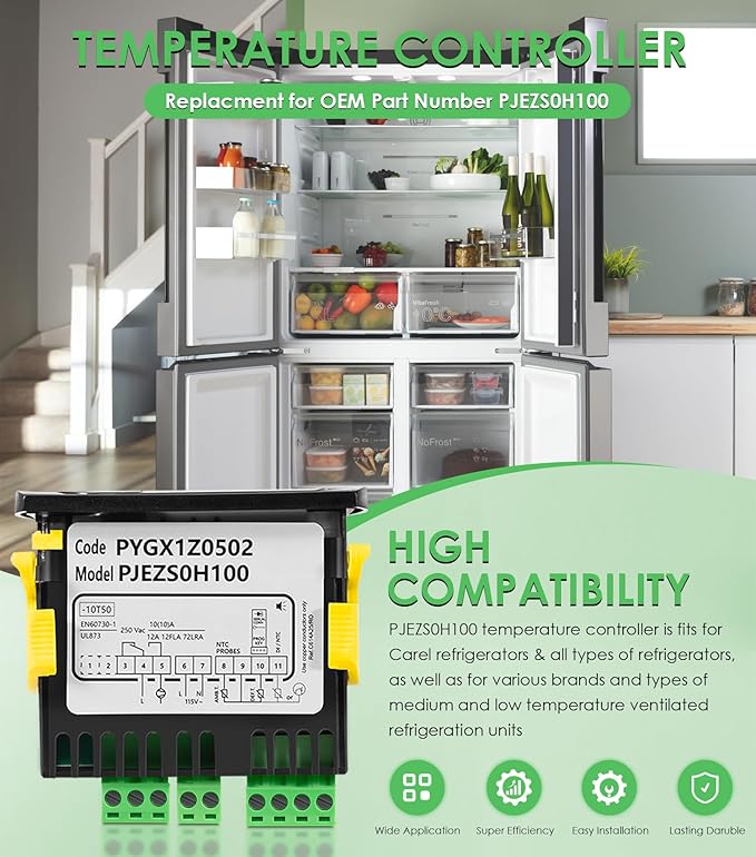 PJEZS0H100 Temperature Controller Fit for Carel and All Refrigerator Types, 115V Digital Thermostat Controller with 2 NTC Temperature Sensor Probes