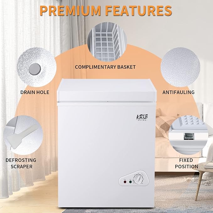 3.5 Cu.Ft Compact Chest Freezer with Removable Basket, Krib Bling Top Door Open Freestanding Deep Freezer with 7 Gears Temperature Adjustment, Ideal for Home, Kitchen & Office, White