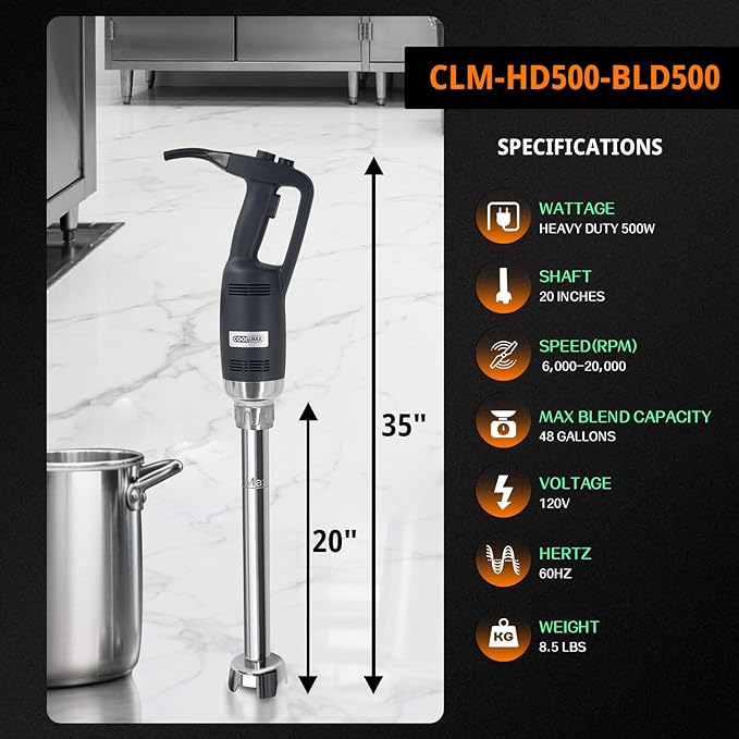 Commercial Immersion Blender, 500W Heavy Huty Hand Blender, With 20 Inch Detachable Shaft, 48 Gallons Capacity, Professional Industrial Grade Commercial Hand Mixer.
