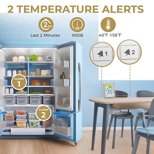Refrigerator Thermometer with Alarm, Digital Wireless Fridge and Freezer Thermometer, Max Min Temperature Records with Magnetic & Stand Options for Home Restaurant