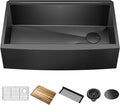 KRAUS Kore Workstation 33-inch Farmhouse Modern Flat Apron Front 16 Gauge Black Stainless Steel Single Bowl Kitchen Sink in PVD Gunmetal Finish with Accessories, KWF410-33/PGM