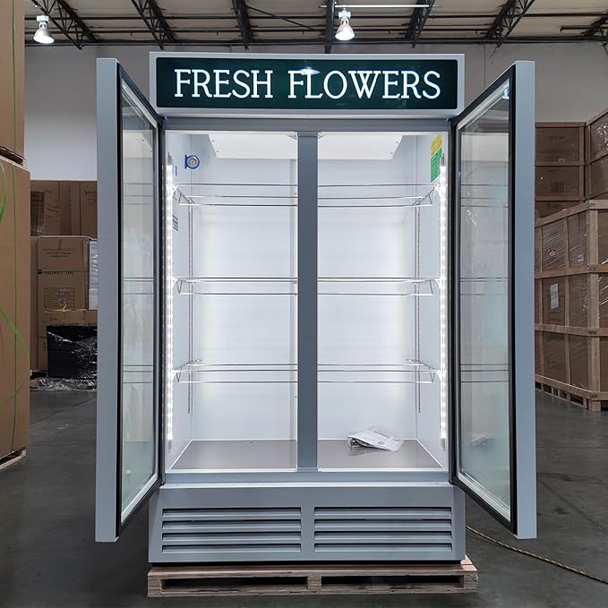 Commercial Flower Refrigerator Floral Display Cooler,White 2 Glass Doors Fridge With LED Light Adjustable Shelves,ETLSanitation Approval,42.5Cu Ft,47.2" Wide, Wheels Included