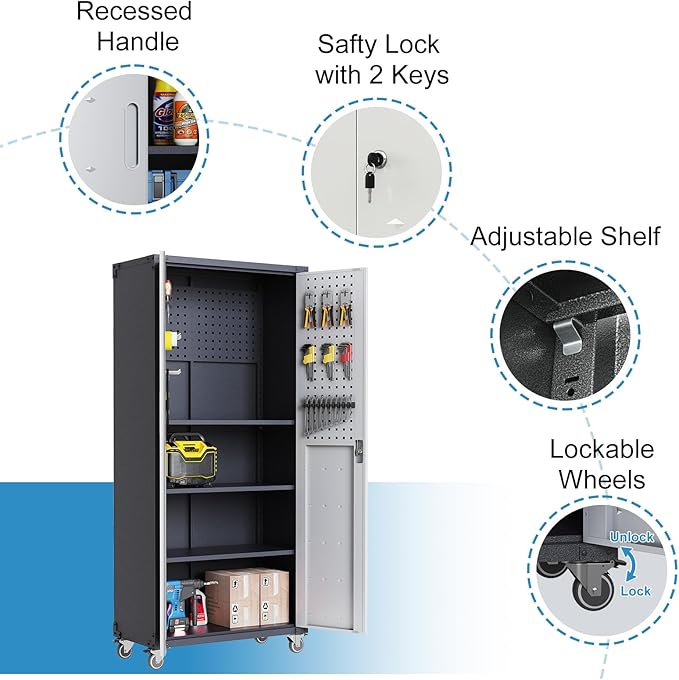 Tall Metal Storage Cabinet with Wheels Heavy Duty Large Metal Garage Cabinets with Adjustale Shelves Lockable Rolling Tool Cart for Warehouse Basement Kitchen, Assembly Required