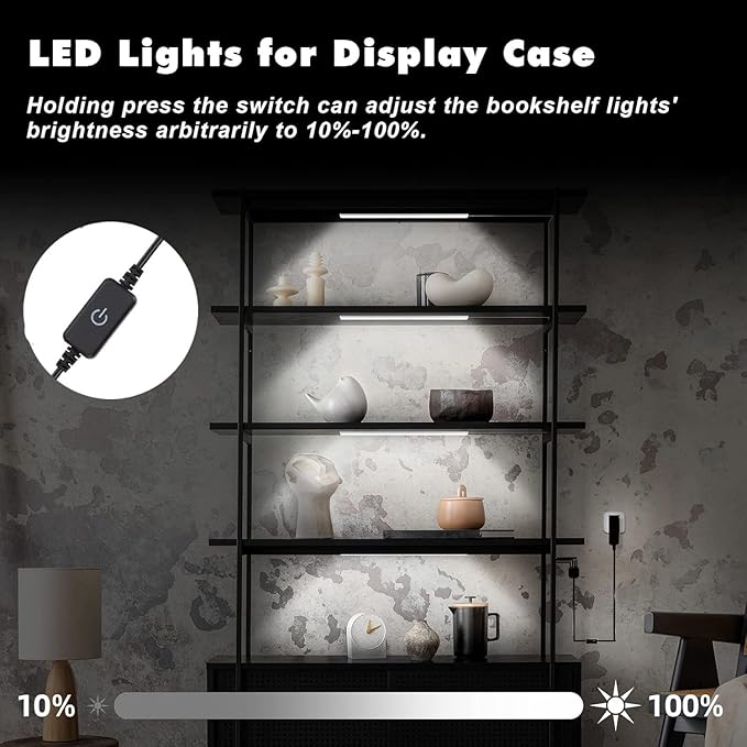 JUSJUBR Black Shell Display Case Lights, LED Lights for Display Case with Memory Function, 4x12 Inch Bookshelf Lighting, LED Cabinet Lights for Shelf, Cold White 6000K