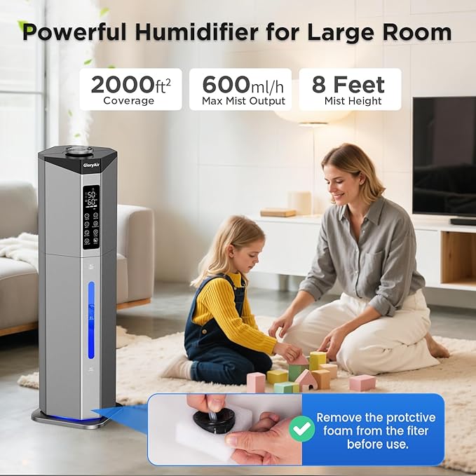 Humidifiers for Bedroom - GloryAir 2.38Gal/9L Dual Atomizers Top Fill Humidifier for Large Room 2000ft² with Auto Rotation 7-Color Light Humidistat Quiet Commercial Humidifiers for House Plants Baby
