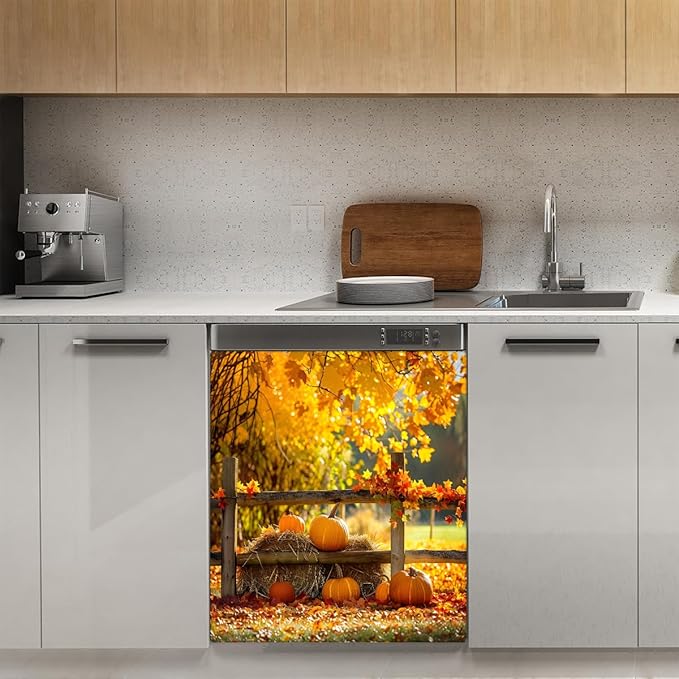 Dishwasher Magnet Cover Front Dishwasher Cover Decoration Reusable Magnetic Door Cover Panel Decal Home Appliances Stickers Kitchen Refrigerator Fridge Fall Orange Pumpkin Maple 23"x26"