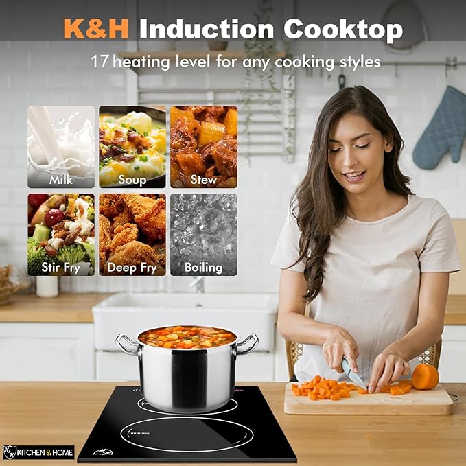 K&H Dual Induction Cooktop - 12 Inch Built-In Electric Stove Top with 17 Heating Levels - 220V, 3400W Built-in Ceramic Glass Electric Induction Cooktop - Touch Control, Timer & Child Lock, IN12-3400SL