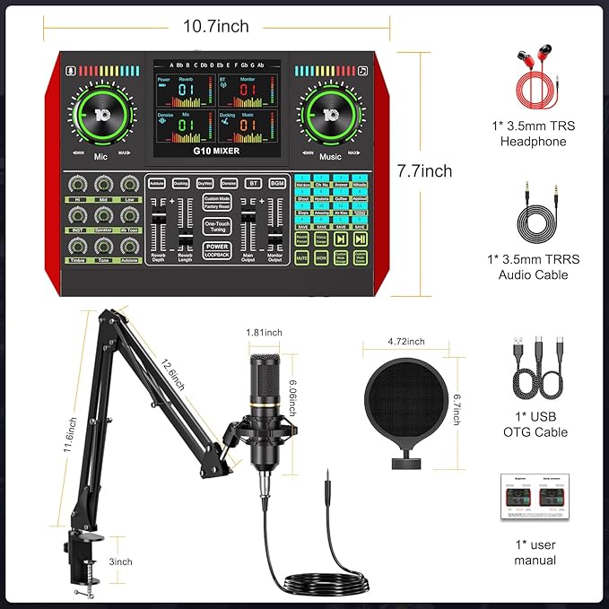 tenlamp Podcast Microphone Bundle with Live Sound Card Audio Mixer, Podcast Equipment Bundle with 3.5mm Boom Mic for Pc/Phone Live Streaming Singing Gaming, Sound Board with Voice Changer, Denoise