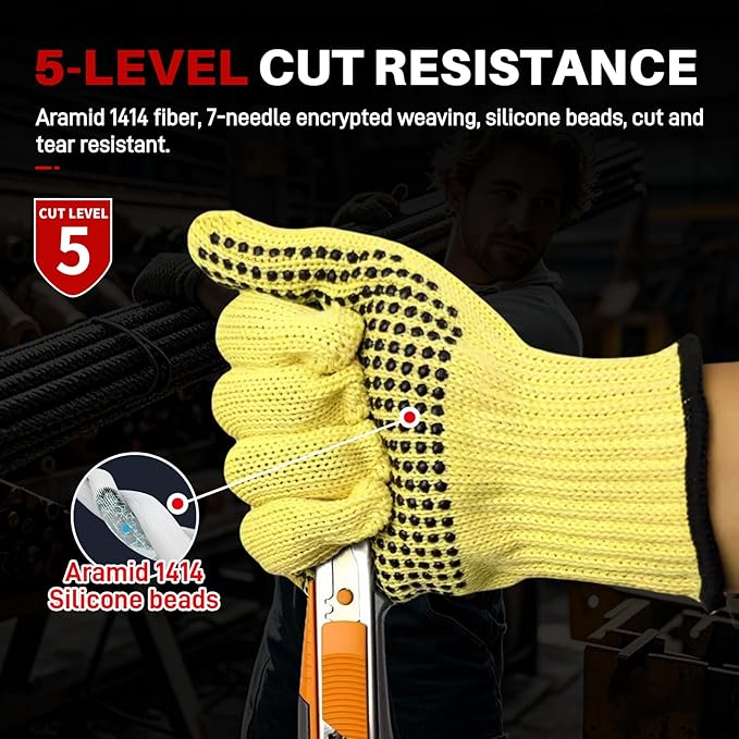 Heat Cut Resistant Gloves,Aramid leather Oven Gloves with Fingers,Heat Resistant Up to 550°F, Thick Knit Grill Mitts (silicone beads, Small)