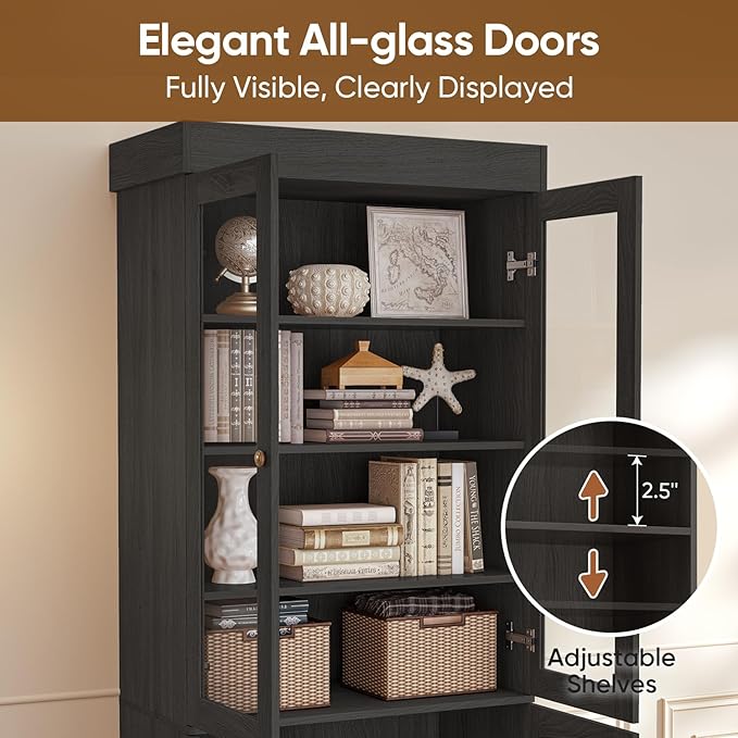 Vyre 71" Tall Farmhouse Kitchen Pantry, Large Storage Cabinets with Glass Doors, Adjustable Shelves, Wood Versatile Hutch Cabinet for Living Room, Dining Room, Kitchen, Black