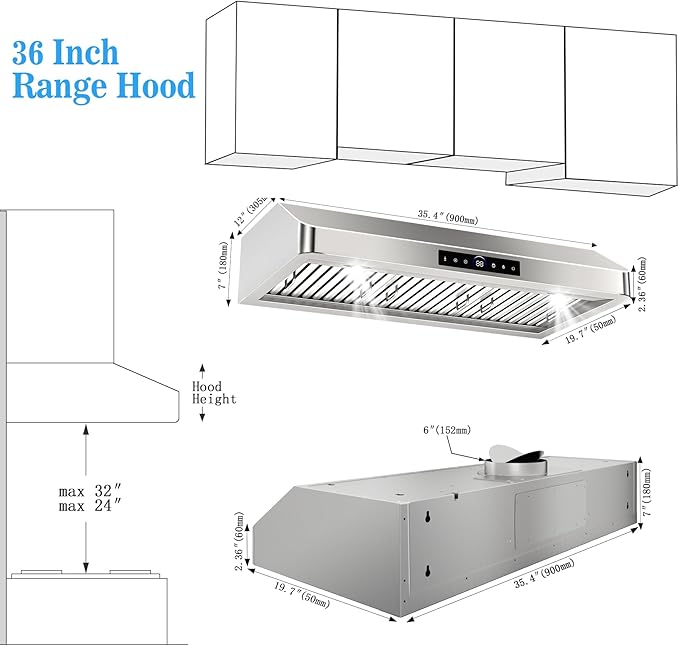 36 inch Under Cabinet Range Hood 1200 CFM with 4-Speed Gesture Sensing & Touch Control, Stainless Steel Kitchen Stove Vent Hoods with 2 LED Lights, Time Setting, Dishwasher-Safe Baffle Filters