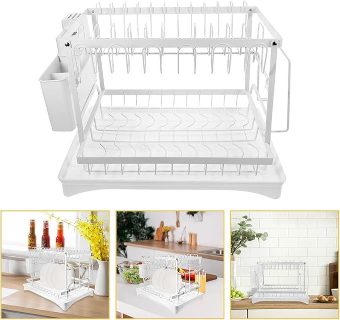 Bowl Draining Rack and Kitchen Dish Draining Stand, White Multifunctional Countertop Drying Rack with Cutting Board Holder and Utensil Cup, Dishwasher Safe for Home Kitchen